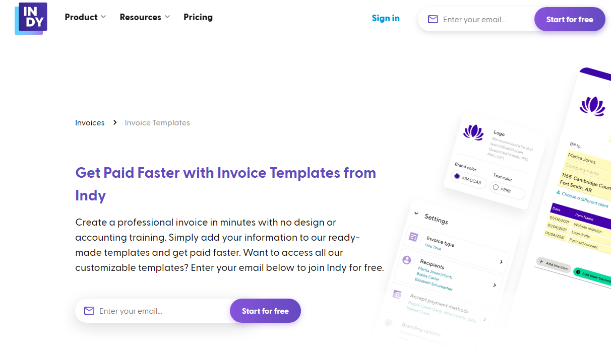 Indy invoice templates