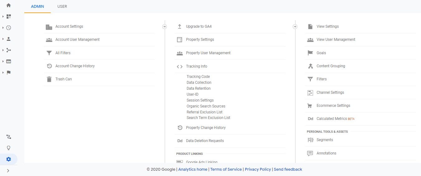 Google Analytics admin panel