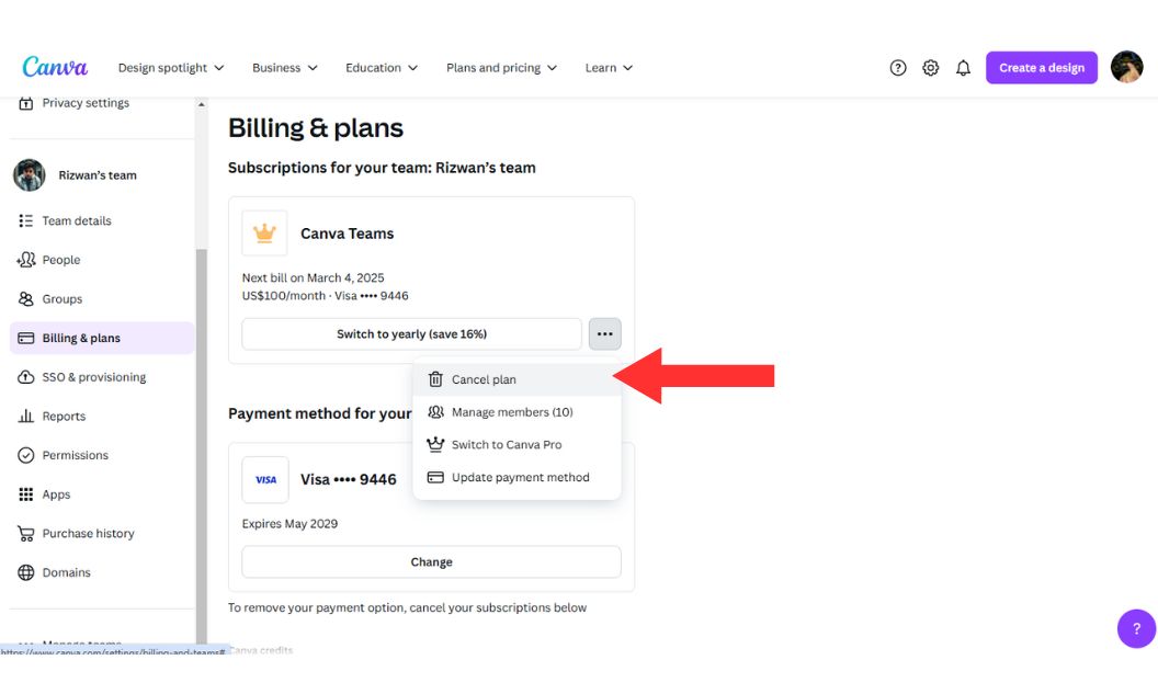4.Click “Cancel Subscription” under the Canva Pro or Teams plan.
