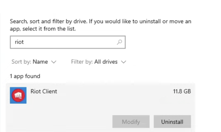 Uninstall Riot Client via Windows Settings
