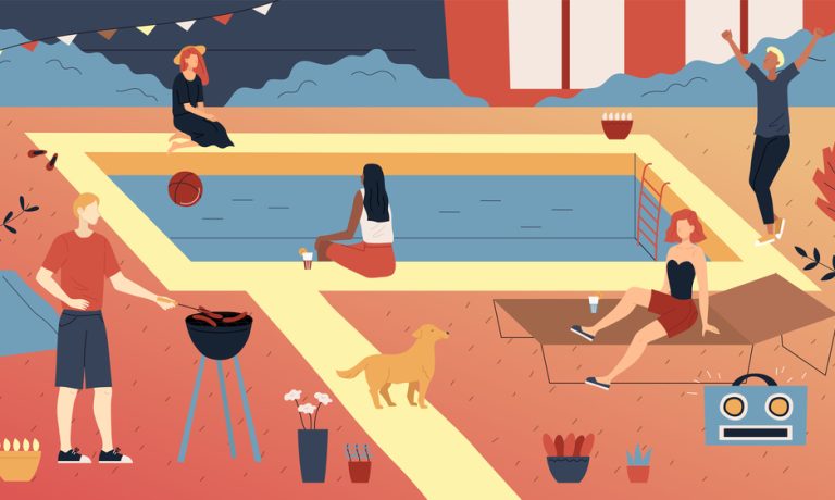 Concept Of Privat Party. Group Of People or Teens Enjoying Spending Time Together. People Making Barbeque, Swimming In The Pool, Relax, Having A Good Time. Cartoon Flat Style. Vector Illustration