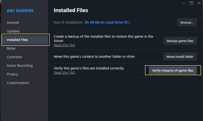 Verify Game Files of arc raiders
